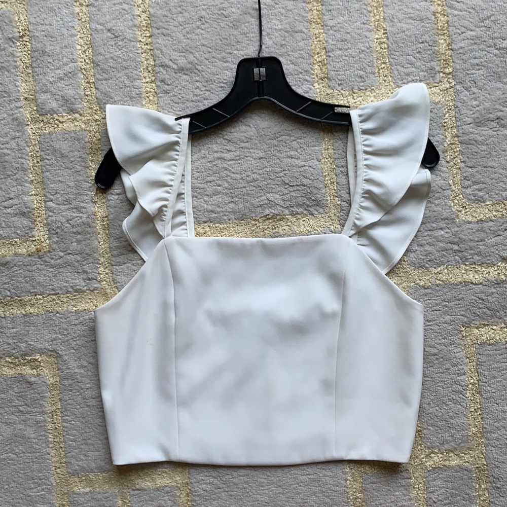 Alice and Olivia white ruffle crop top